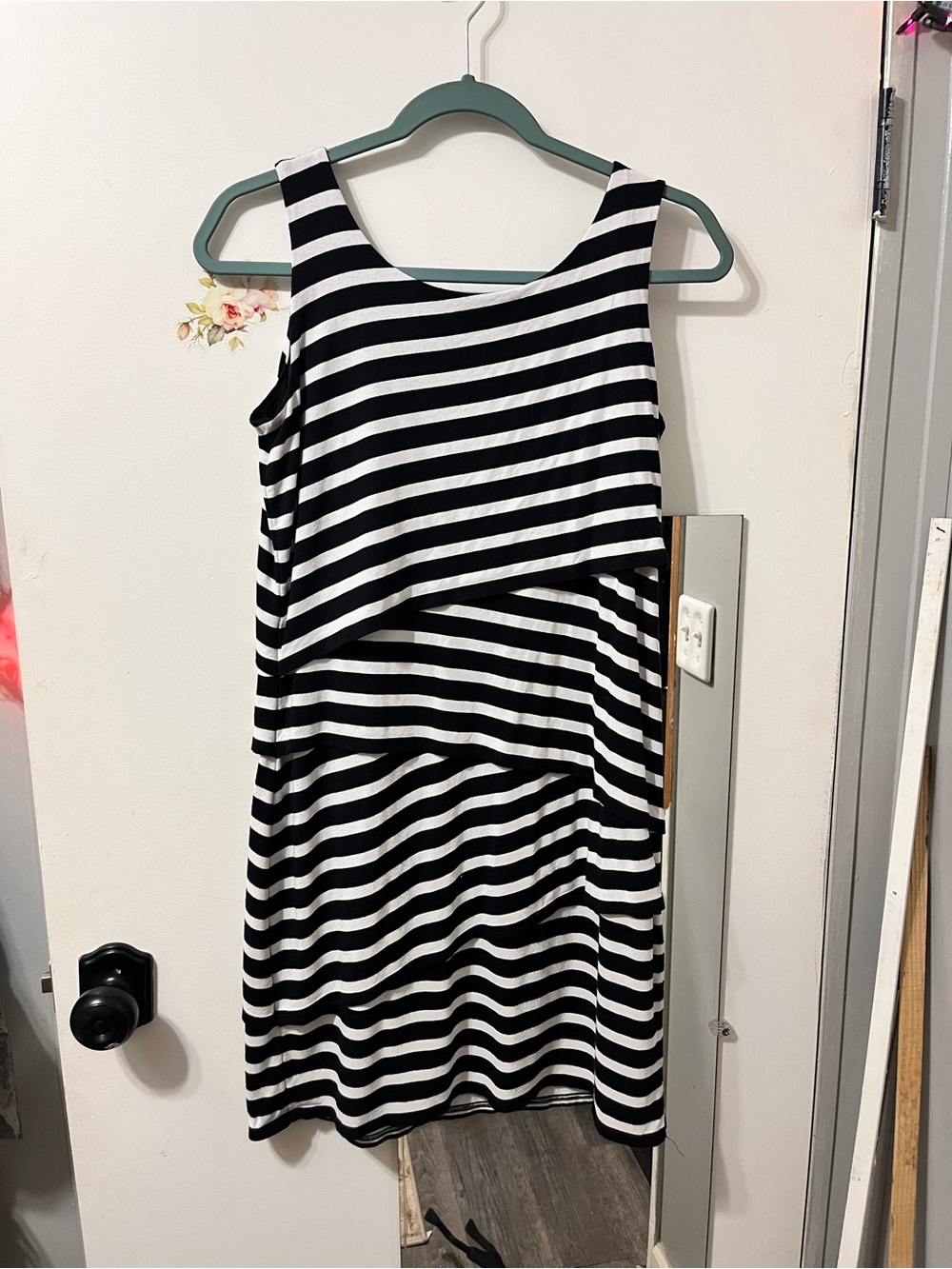 LOFT Black and White Striped Sleeveless Midi Dress